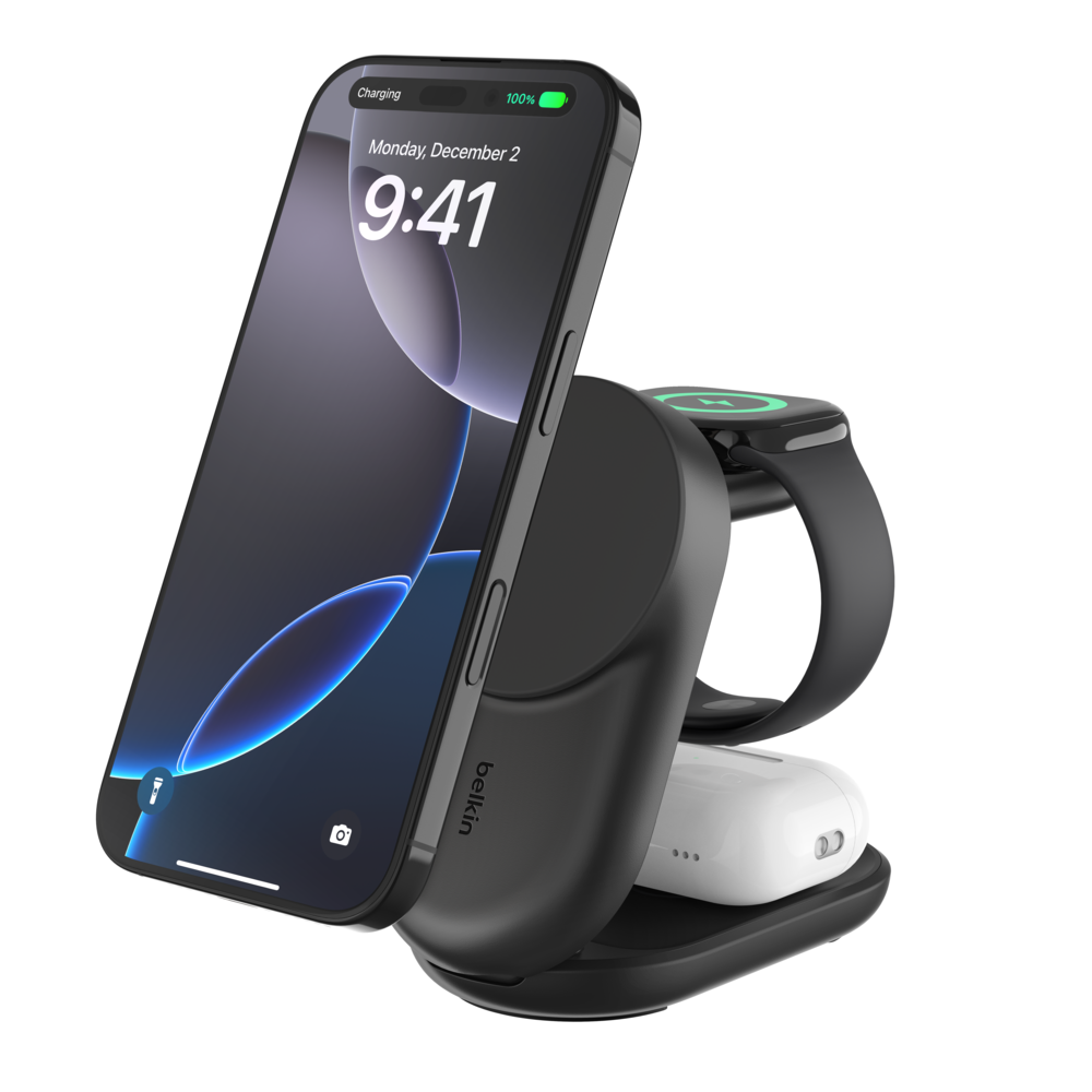 Belkin UltraCharge QI2 3-in-1 Foldable Charging Stand 25W, Black