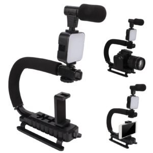 Stabilisateur de Caméra Vidéo Portable avec Microphone à Lumière LED