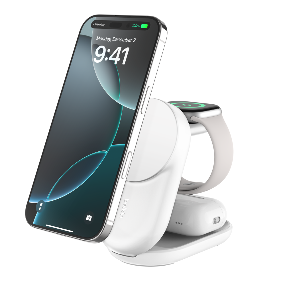 Belkin UltraCharge QI2 3-in-1 Foldable Charging Stand 25W, White