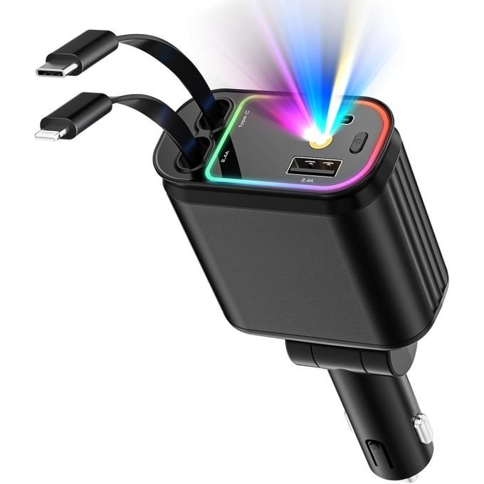 Chargeur Voiture Rétractable USB C Allume Cigare à Charge Rapide, Chargeur Polyvalent Noir avec Éclairage Étoilé