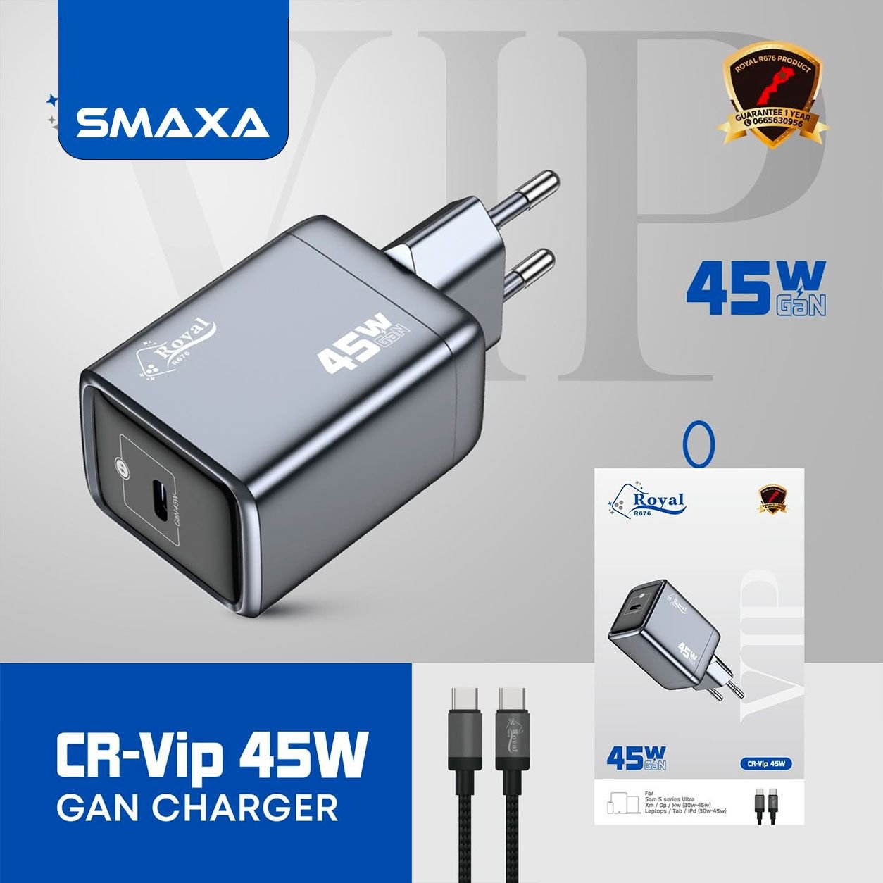 Chargeur GaN VIP 45W Type C to C Pour Phone/Pc/Tab de 45W et moins