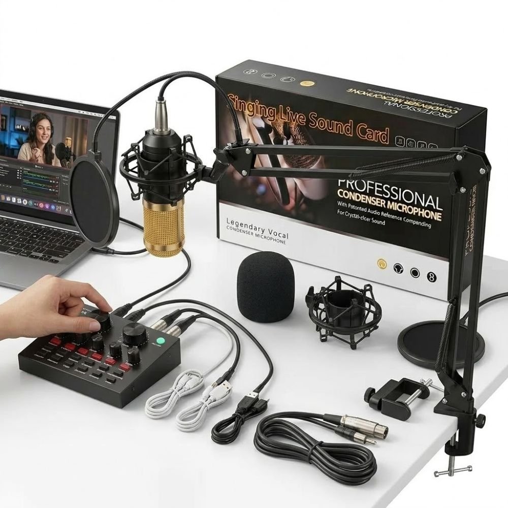 Microphone à Condensateur Professionnel avec Carte Son pour Chant en Direct