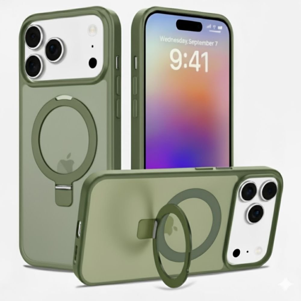 Coque Magnétique avec Support Anneau pour iPhone 17 Pro – Transparente Vert Antichoc