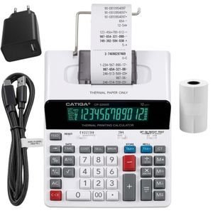 Catiga Calculatrice Imprimante Thermique 12 Chiffres CP3200 – Professionnelle avec Papier 57mm, Écran LCD Rétroéclairé, USB Type-C – Fonctions TAX & Marge – Impression Rapide + Rouleau, Câble USB-C & Adaptateur Inclus