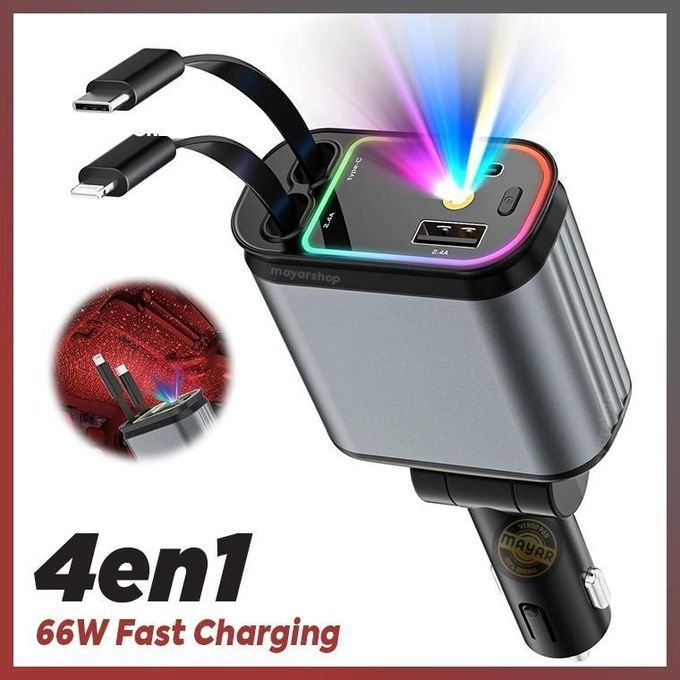 Chargeur de Voiture 4-en-1 USB-A + USB-C - Adaptateur Allume