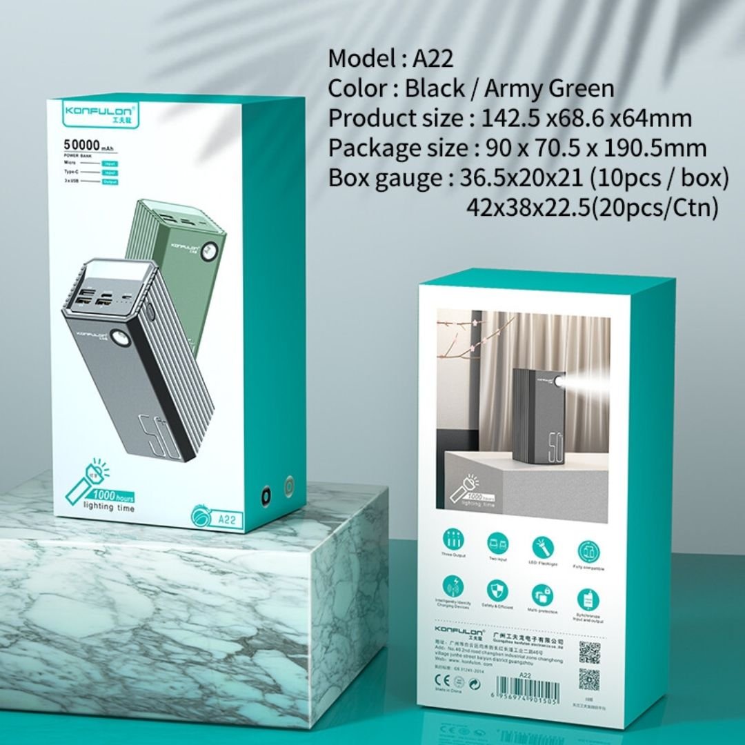 Power Bank konfulon A22 50000mah 3 Port USB / 1 Port TYPE-C / 1 Port Micro