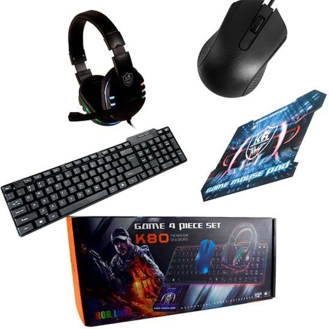 Pack Gaming 4 en 1 K80 – Clavier, Souris, Casque & Tapis de Souris
